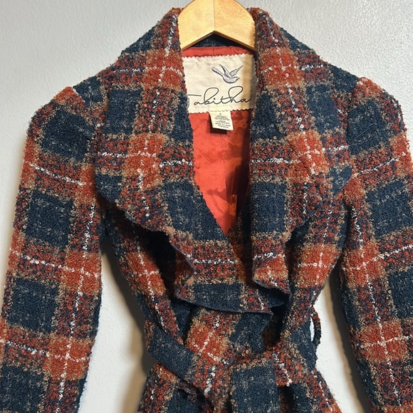 Anthropologie Tabitha Blue Waist Tie Tweed Ruffle Collar Plaid Wool Blazer Sze 0 - Picture 5 of 16